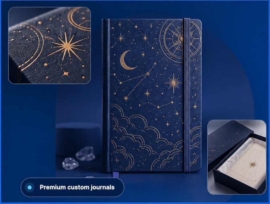 Premium custom journal with gold foil detail and gift-box presentation