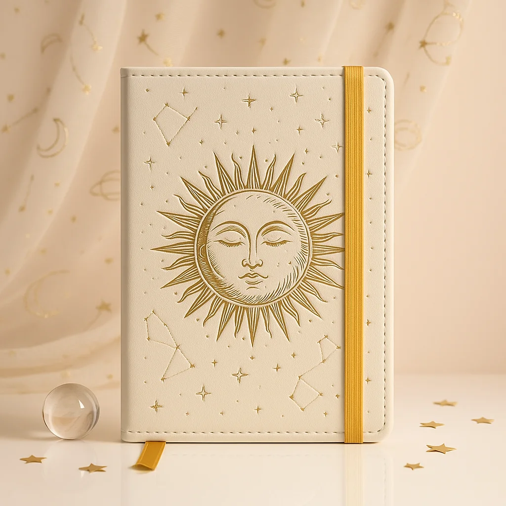 Celestial Light Notebook – Ivory Cover with Gold Foil Sun & Star Detailing