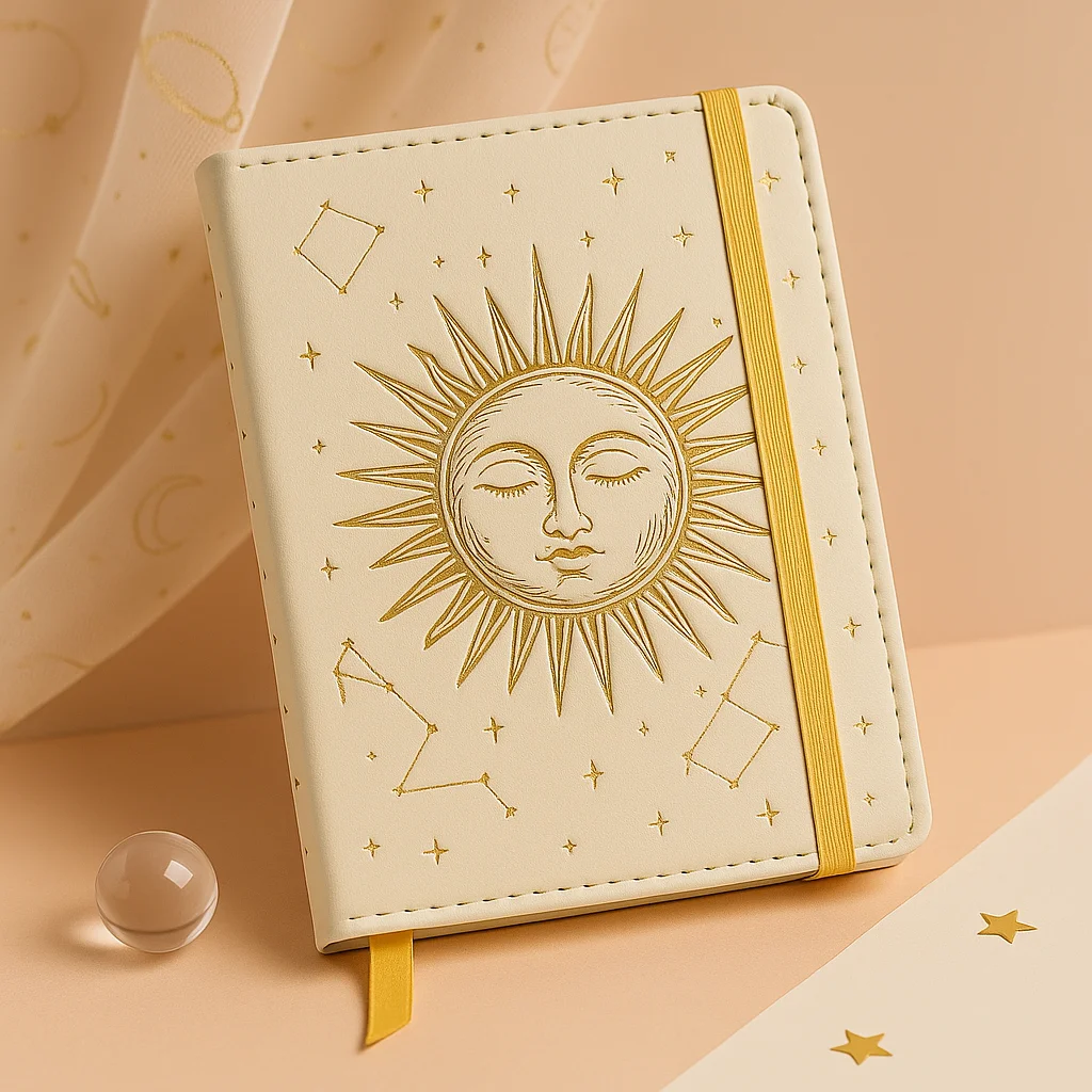 Celestial Light Notebook – Ivory Cover with Gold Foil Sun & Star Detailing